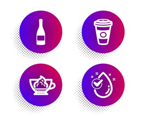 Espresso cream, Champagne bottle and Takeaway coffee icons simple set. Halftone dots button. Water drop sign. Cafe con panna, Anniversary alcohol, Hot latte drink. Clean aqua. Vector