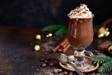 Homemade christmas or new year hot chocolate in a glasses.