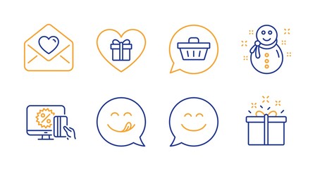 Fototapeta premium Shopping cart, Snowman and Love letter line icons set. Online shopping, Smile chat and Yummy smile signs. Romantic gift, Special offer symbols. Dreaming of gift, New year. Holidays set. Vector