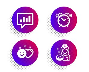 Smile, Alarm clock and Analytical chat icons simple set. Halftone dots button. Nurse sign. Social media like, Time, Communication speech bubble. Medicine pill. Business set. Vector