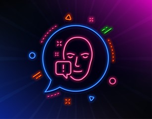 Face attention line icon. Neon laser lights. Exclamation mark sign. Facial identification info symbol. Glow laser speech bubble. Neon lights chat bubble. Banner badge with face attention icon. Vector