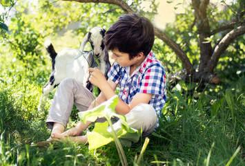 A boy in the garden among the trees with a small goat.