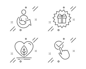 Local grown, Share and Surprise gift line icons set. Checkbox sign. Organic tested, Referral person, Shopping offer. Approved. Business set. Line local grown outline icon. Vector