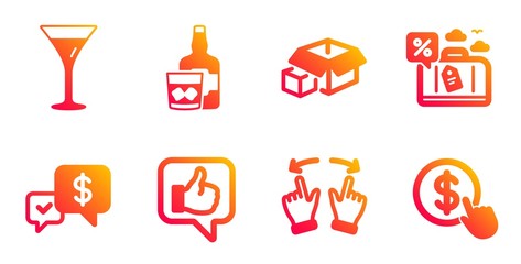 Martini glass, Packing boxes and Whiskey glass line icons set. Payment received, Travel loan and Like signs. Move gesture, Buy currency symbols. Wine, Delivery package. Business set. Vector