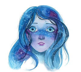 Watercolor illustration of a young attractive woman with blue hair, looking on the stars