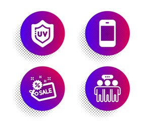 Uv protection, Smartphone and Sale icons simple set. Halftone dots button. Employees group sign. Skin cream, Cellphone or phone, Shopping tag. Collaboration. Business set. Vector