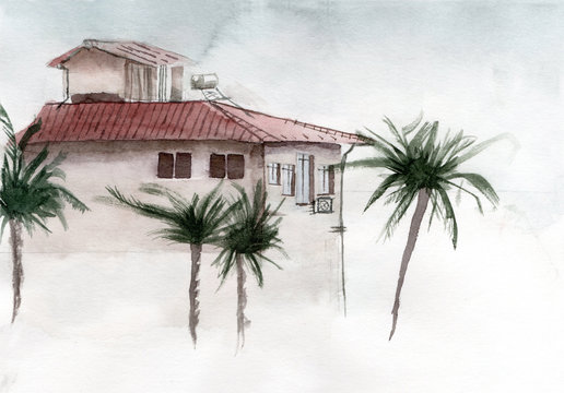 Waterolor sketch illustration of a suumer cottage in southern country with red roof and palms