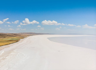 Aerial view of Lake Tuz, Tuz Golu. Salt Lake. White salt water. It is the second largest lake in Turkey and one of the largest hypersaline lakes in the world. Central Anatolia Region