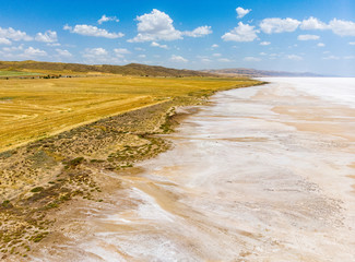 Aerial view of Lake Tuz, Tuz Golu. Salt Lake. White salt water. It is the second largest lake in...
