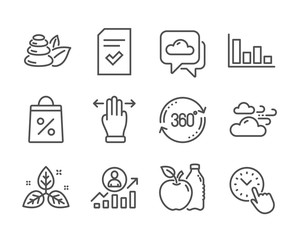 Set of Business icons, such as Time management, Shopping bag, Weather forecast, Multitasking gesture, Spa stones, Full rotation, Windy weather, Histogram, Checked file, Career ladder. Vector