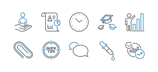 Set of Education icons, such as Chemistry pipette, Throw hats, Time, Report, Messenger, Graph chart, Paper clip, Tips, Recruitment, Statistics line icons. Laboratory, College graduation. Vector