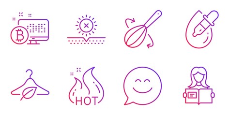 Smile chat, Eye drops and Bitcoin system line icons set. Hot sale, Slow fashion and Cooking whisk signs. No sun, Woman read symbols. Happy face, Pipette. Business set. Gradient smile chat icon. Vector