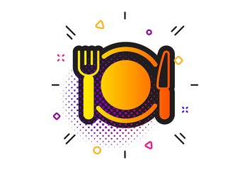 Obraz premium Dinner sign. Halftone circles pattern. Restaurant food icon. Hotel service symbol. Classic flat restaurant food icon. Vector