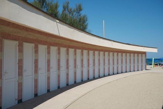Milano Marittima, Italy - August 05, 2019 : View of changing rooms by a beach club