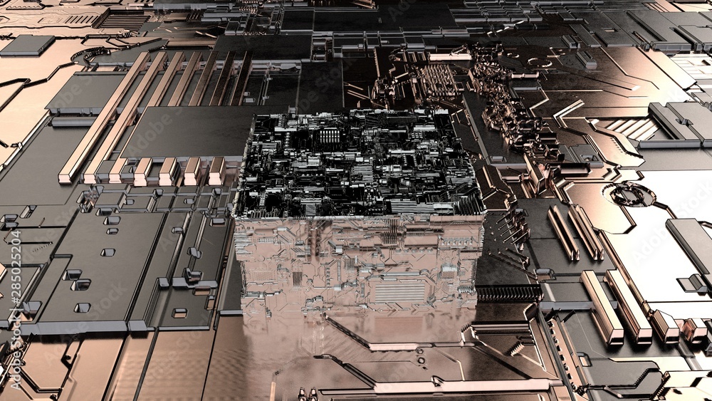 Poster 3d image for desktop. 3d rendering of the cube on the technological surface. futuristic design, abst
