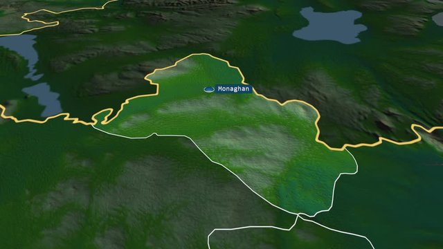 Monaghan - county of Ireland with its capital zoomed on the physical map of the globe. Animation 3D