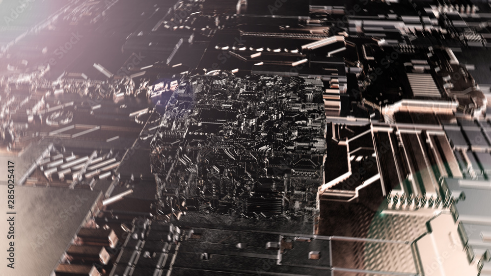 Poster 3d image for desktop. 3d rendering of the cube on the technological surface. futuristic design, abst