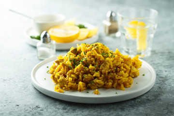 Spiced vegan rice in white bowl