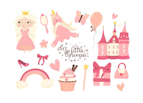 Collection of vector elements - princess, cupcake, castle, rainbow, box, butterfly. Cute illustration can be used for girl's room decoration, scrapbooking,t-shirt prints