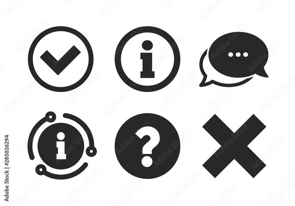 Poster delete and question faq mark signs. chat, info sign. information icons. approved check mark symbol. 