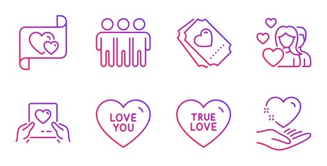Fototapeta na wymiar Couple, Love letter and Love mail line icons set. Friendship, Hold heart signs. Valentines day, Heart. Love set. Gradient couple icon. Vector