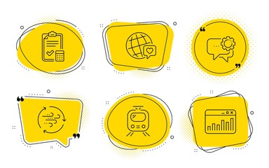 Train, Accounting checklist and Marketing statistics signs. Chat bubbles. World brand, Employees messenger and Wind energy line icons set. Love, Speech bubble, Breeze power. Tram. Business set. Vector