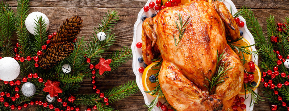 Christmas turkey. Traditional festive food for Christmas or Thanksgiving. Banner