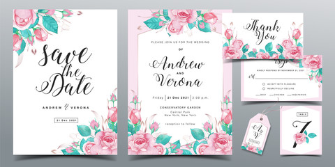 Beautiful wedding invitation card template in soft pink theme with pink roses watercolor decoration