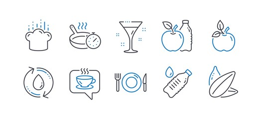 Set of Food and drink icons, such as Refill water, Eco food, Water bottle, Food, Coffee, Frying pan, Cocktail, Cooking hat, Apple, Sunflower seed line icons. Recycle aqua, Organic tested. Vector