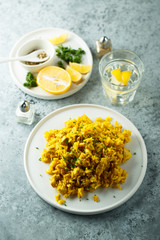 Spiced vegan rice in white bowl