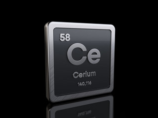 Cerium Ce, element symbol from periodic table series. 3D rendering isolated on black background