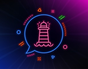 Lighthouse line icon. Neon laser lights. Searchlight tower sign. Beacon symbol. Glow laser speech bubble. Neon lights chat bubble. Banner badge with lighthouse icon. Vector