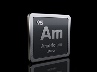 Americium Am, element symbol from periodic table series. 3D rendering isolated on black background