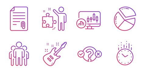 Strategy, Attachment and Quiz test line icons set. Candlestick chart, Group and Pie chart signs. Electric guitar, Time symbols. Business plan, Attach file. Education set. Vector