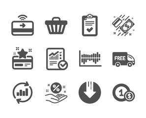 Set of Finance icons, such as Shop cart, Free delivery, Usd coins, Loan percent, Contactless payment, Checked calculation, Column diagram, Download arrow, Payment, Loyalty card, Checklist. Vector