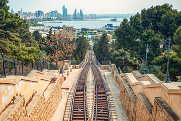 04/05/2019 Baku, Azerbaijan, Panorama of Baku city and new funicular way