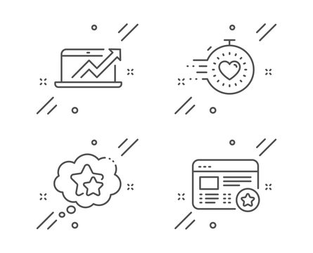 Sales diagram, Ranking stars and Timer line icons set. Favorite sign. Sale growth chart, Winner award, Deadline management. Star feedback. Technology set. Line sales diagram outline icon. Vector
