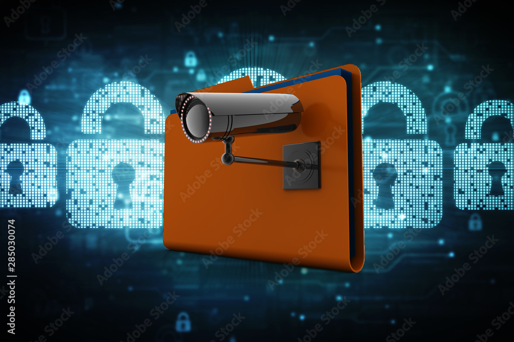 Poster 3d rendering surveillance cctv security camera with folder