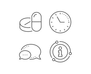 Medical drugs line icon. Chat bubble, info sign elements. Medicine pills sign. Pharmacy medication symbol. Linear medical drugs outline icon. Information bubble. Vector