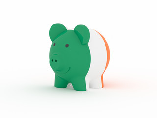 Finance, saving money, piggy bank on white background. Ireland flag. 3d illustration.