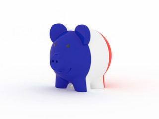 Finance, saving money, piggy bank on white background. France flag. 3d illustration.