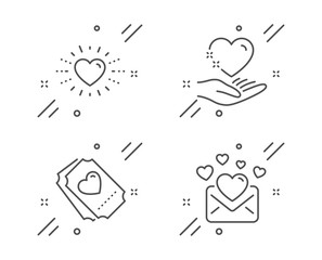 Hold heart, Love ticket and Heart line icons set. Love mail sign. Valentines letter. Love set. Line hold heart outline icon. Vector