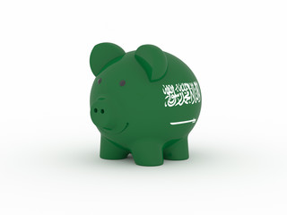 Finance, saving money, piggy bank on white background. Saudi Arabia flag. 3d illustration.