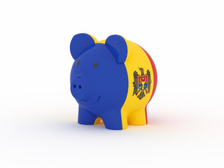 Finance, saving money, piggy bank on white background. Moldova flag. 3d illustration.