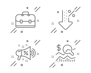 Portfolio, Low percent and Sale megaphone line icons set. Check investment sign. Business case, Discount, Shopping. Business report. Finance set. Line portfolio outline icon. Vector