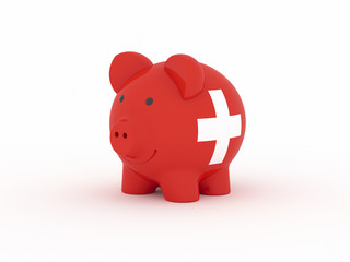 Finance, saving money, piggy bank on white background. Switzerland flag. 3d illustration.