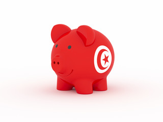 Finance, saving money, piggy bank on white background. Tunisia flag. 3d illustration.