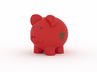 Finance, saving money, piggy bank on white background. Morocco flag. 3d illustration.