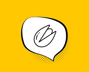 Pistachio nut line icon. Comic speech bubble. Tasty nuts sign. Vegan food symbol. Yellow background with chat bubble. Pistachio nut icon. Colorful banner. Vector