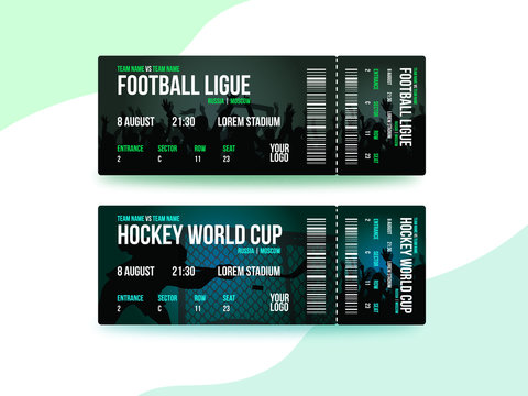 Sport tickets template. Hockey cup and football ticket design template with people crowd on background. Vector flat illustration